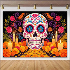 Lofaris Vibrant Sugar Skull Mexican Fiesta Backdrop with Marigold Flowers and Candles Festive Day of the Dead Party Background Decor
