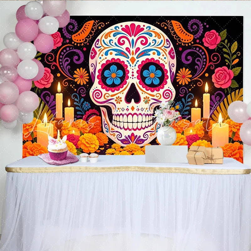 Lofaris Vibrant Sugar Skull Mexican Fiesta Backdrop with Marigold Flowers and Candles Festive Day of the Dead Party Background Decor