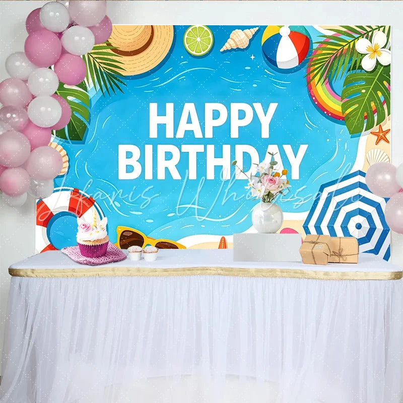 Lofaris Vibrant Summer Beach Birthday Backdrop with Palm Leaves and Ocean Playful Tropical Party Background for Kids Photoshoot