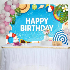Lofaris Vibrant Summer Beach Birthday Backdrop with Palm Leaves and Ocean Playful Tropical Party Background for Kids Photoshoot