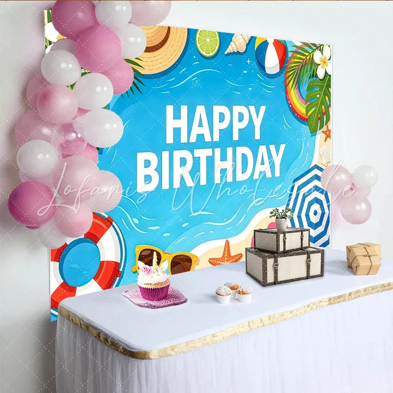 Lofaris Vibrant Summer Beach Birthday Backdrop with Palm Leaves and Ocean Playful Tropical Party Background for Kids Photoshoot