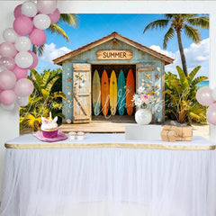 Lofaris Vibrant Summer Beach Hut Backdrop with Colorful Surfboards and Palm Trees Tropical Photography Background for Vacation Party