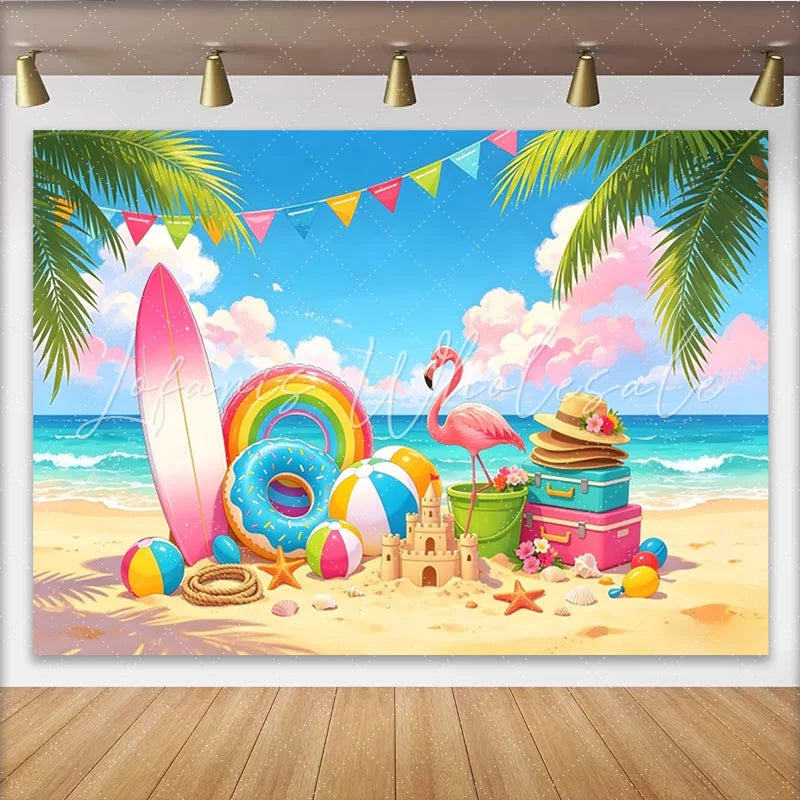 Lofaris Vibrant Summer Beach Photography Backdrop Palm Trees and Flamingo Cartoon Ocean Party Background for Kids Photoshoot