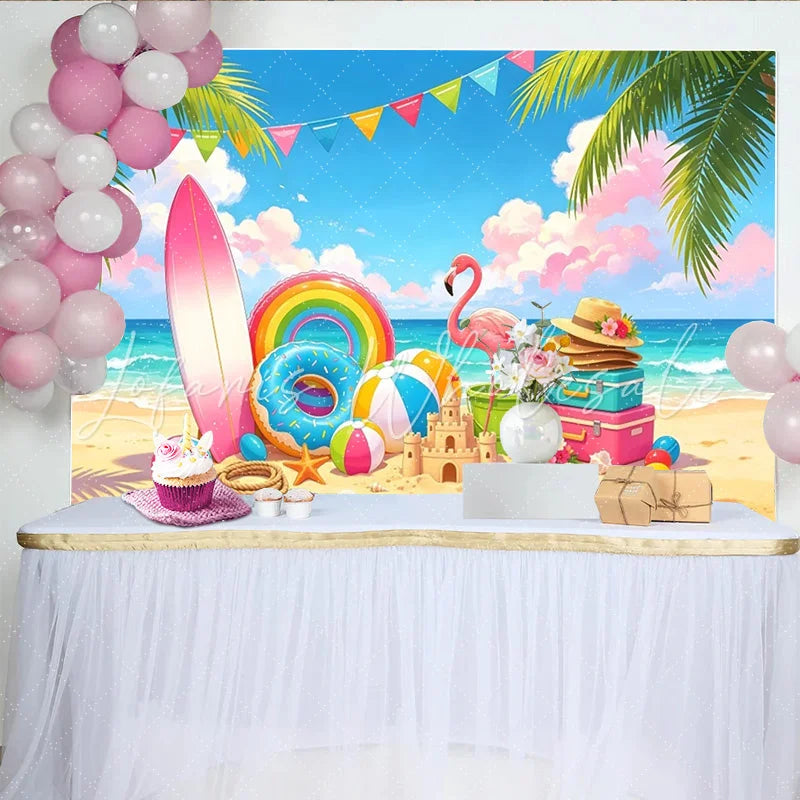 Lofaris Vibrant Summer Beach Photography Backdrop Palm Trees and Flamingo Cartoon Ocean Party Background for Kids Photoshoot