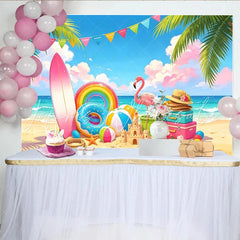 Lofaris Vibrant Summer Beach Photography Backdrop Palm Trees and Flamingo Cartoon Ocean Party Background for Kids Photoshoot