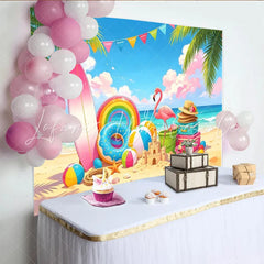 Lofaris Vibrant Summer Beach Photography Backdrop Palm Trees and Flamingo Cartoon Ocean Party Background for Kids Photoshoot
