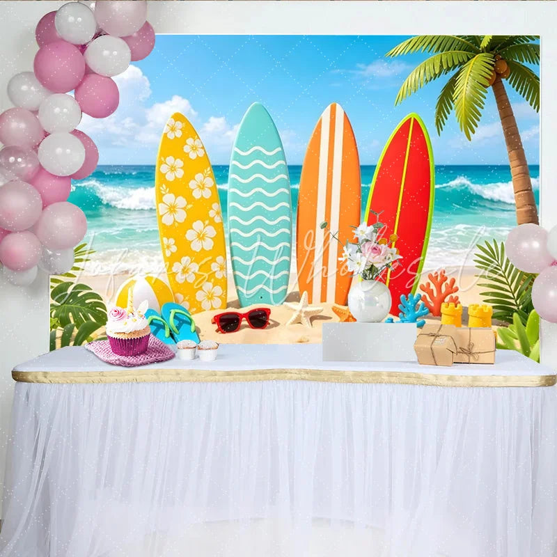 Lofaris Vibrant Summer Beach Photography Backdrop with Colorful Surfboards Tropical Ocean Scene Background for Holiday Photos and Decor