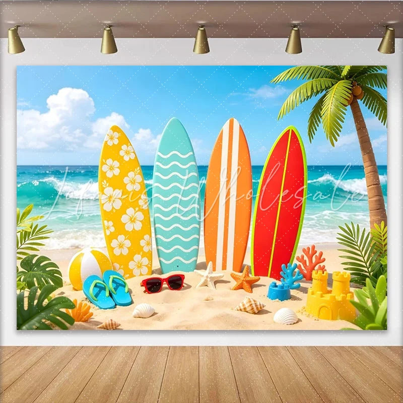 Lofaris Vibrant Summer Beach Photography Backdrop with Colorful Surfboards Tropical Ocean Scene Background for Holiday Photos and Decor