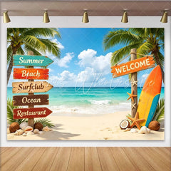 Lofaris Vibrant Summer Beach Photography Backdrop with Palm Trees and Surfboard Tropical Ocean Scene Background for Vacation Party Decor