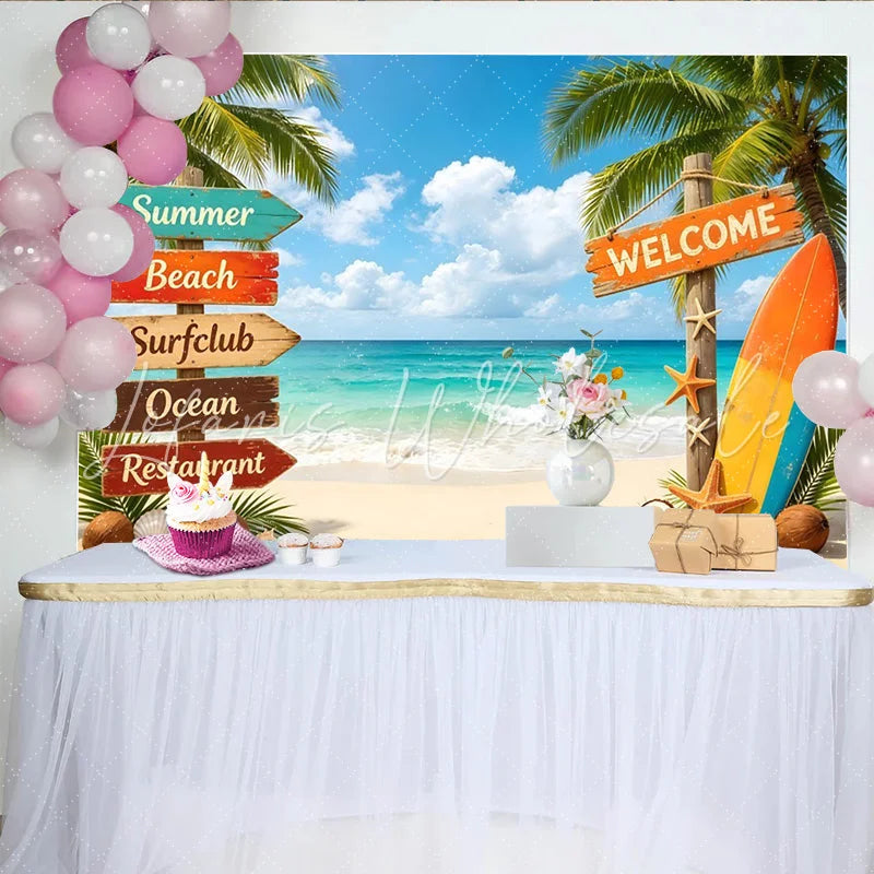 Lofaris Vibrant Summer Beach Photography Backdrop with Palm Trees and Surfboard Tropical Ocean Scene Background for Vacation Party Decor