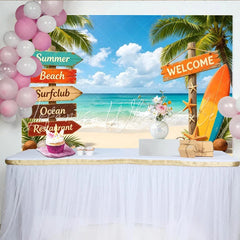 Lofaris Vibrant Summer Beach Photography Backdrop with Palm Trees and Surfboard Tropical Ocean Scene Background for Vacation Party Decor