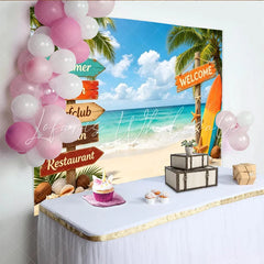 Lofaris Vibrant Summer Beach Photography Backdrop with Palm Trees and Surfboard Tropical Ocean Scene Background for Vacation Party Decor
