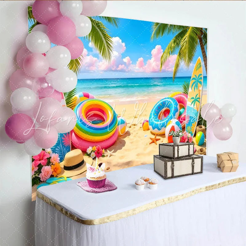 Lofaris Vibrant Summer Beach Photography Backdrop with Palm Trees and Surfboards Tropical Party Decor for Vacation Photoshoot