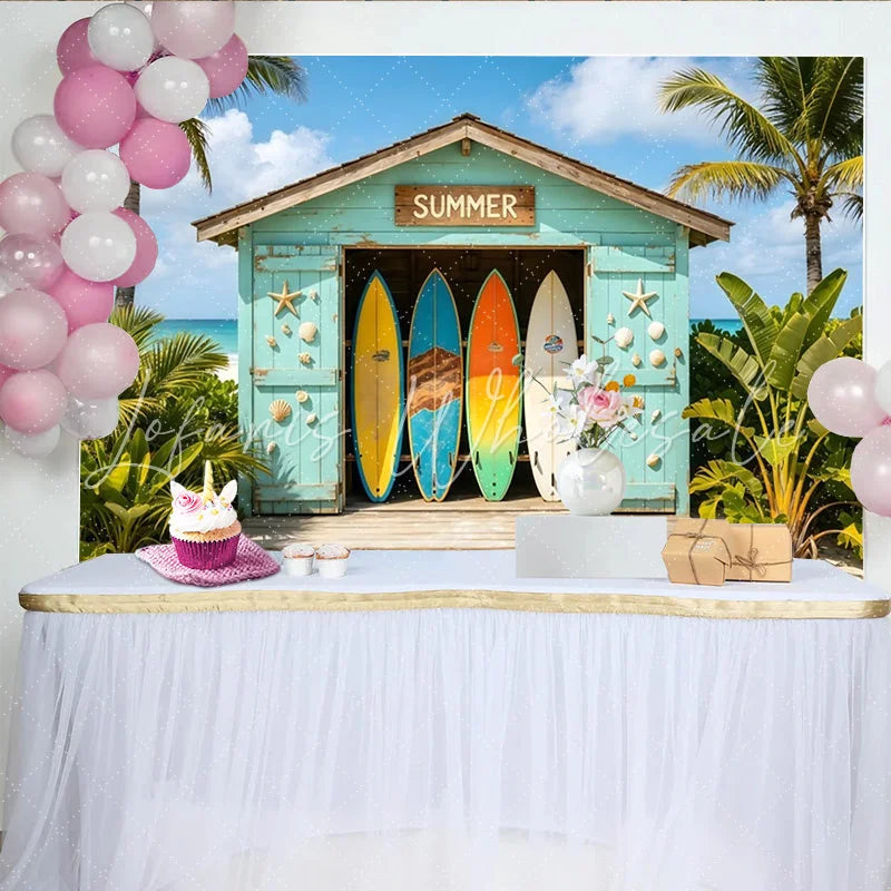 Lofaris Vibrant Summer Beach Photography Backdrop with Surfboards and Palm Trees Tropical Vacation Photo Booth Prop for Studio Photoshoot