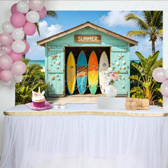 Lofaris Vibrant Summer Beach Photography Backdrop with Surfboards and Palm Trees Tropical Vacation Photo Booth Prop for Studio Photoshoot