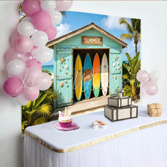 Lofaris Vibrant Summer Beach Photography Backdrop with Surfboards and Palm Trees Tropical Vacation Photo Booth Prop for Studio Photoshoot