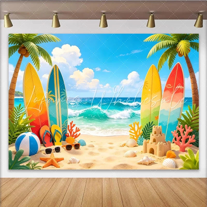 Lofaris Vibrant Summer Beach Photography Backdrop with Surfboards and Palm Trees Tropical Ocean Wave Background for Vacation Photoshoot