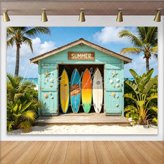 Lofaris Vibrant Summer Beach Photography Backdrop with Surfboards and Palm Trees Tropical Vacation Photo Booth Prop for Studio Photoshoot