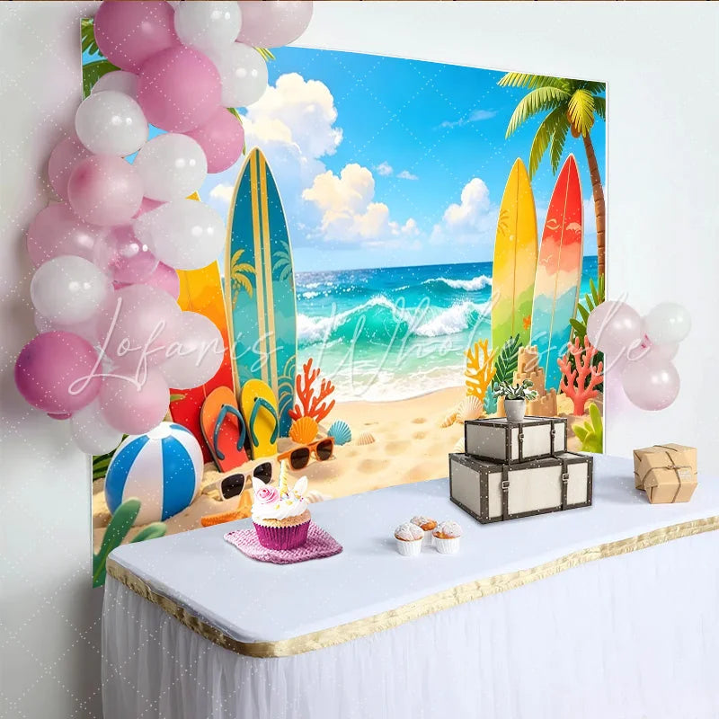 Lofaris Vibrant Summer Beach Photography Backdrop with Surfboards and Palm Trees Tropical Ocean Wave Background for Vacation Photoshoot