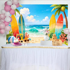 Lofaris Vibrant Summer Beach Photography Backdrop with Surfboards and Palm Trees Tropical Ocean Wave Background for Vacation Photoshoot