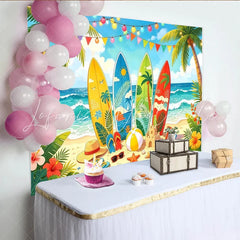 Lofaris Vibrant Summer Beach Photography Backdrop with Surfboards Tropical Ocean Background for Party Decor and Photoshoots