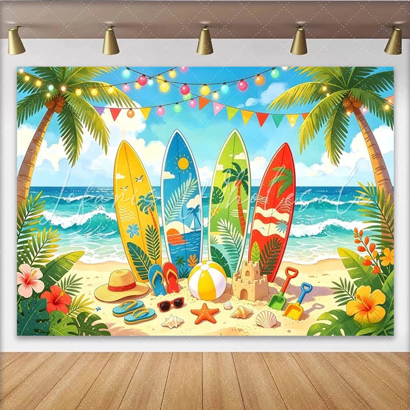 Lofaris Vibrant Summer Beach Photography Backdrop with Surfboards Tropical Ocean Background for Party Decor and Photoshoots