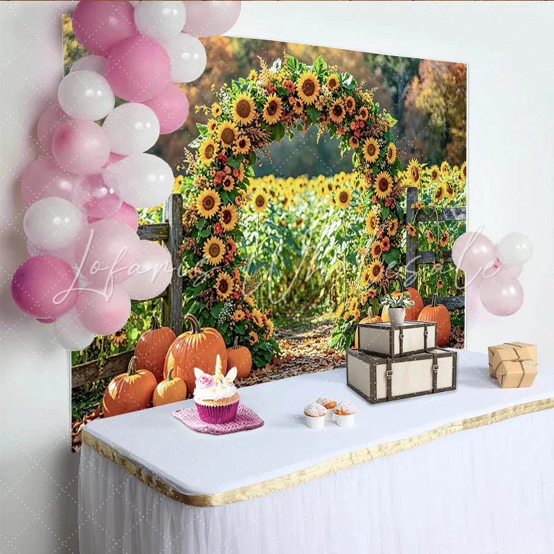 Lofaris Vibrant Sunflower Pumpkin Archway Thanksgiving Backdrop with Fall Leaves Seasonal Photography Background for Harvest Decor