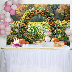 Lofaris Vibrant Sunflower Pumpkin Archway Thanksgiving Backdrop with Fall Leaves Seasonal Photography Background for Harvest Decor