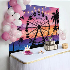 Lofaris Vibrant Sunset Beach Carnival Photography Backdrop Ferris Wheel and Palm Trees Ocean Background for Party Decor