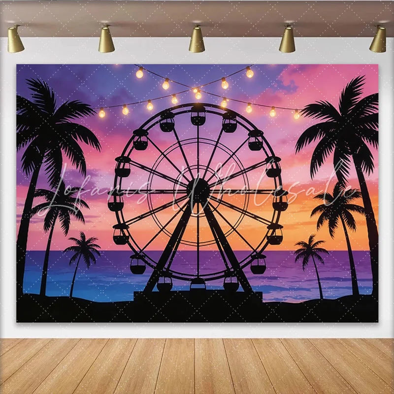 Lofaris Vibrant Sunset Beach Carnival Photography Backdrop Ferris Wheel and Palm Trees Ocean Background for Party Decor