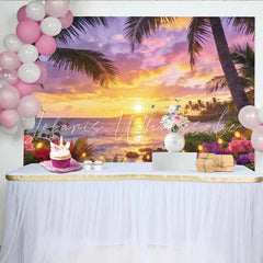 Lofaris Vibrant Sunset Beach Photography Backdrop with Palm Trees and Tropical Flowers Romantic Party Decor for Summer Photoshoot