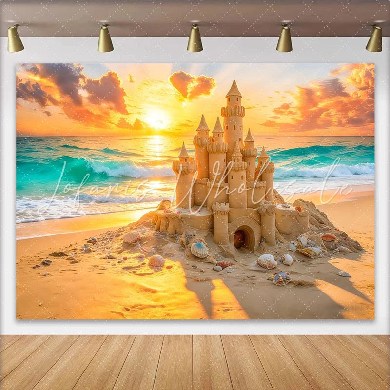 Lofaris Vibrant Sunset Sandcastle Beach Photography Backdrop Ocean Waves Summer Vacation Background for Studio Photoshoot