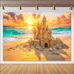 Lofaris Vibrant Sunset Sandcastle Beach Photography Backdrop Ocean Waves Summer Vacation Background for Studio Photoshoot