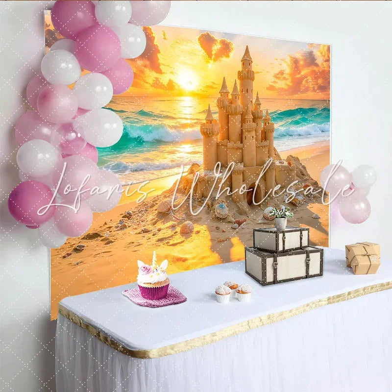 Lofaris Vibrant Sunset Sandcastle Beach Photography Backdrop Ocean Waves Summer Vacation Background for Studio Photoshoot