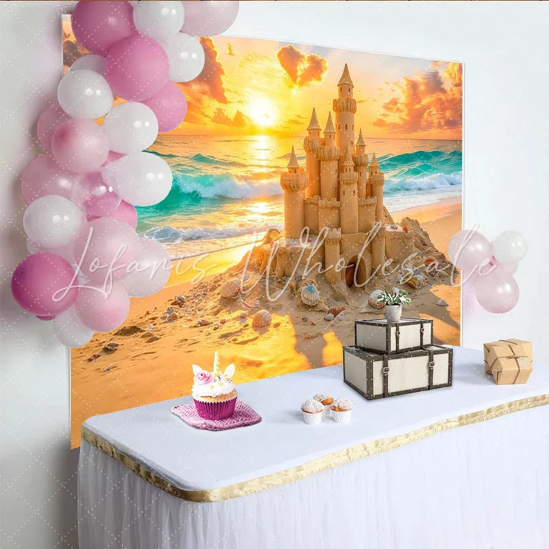 Lofaris Vibrant Sunset Sandcastle Beach Photography Backdrop Ocean Waves Summer Vacation Background for Studio Photoshoot