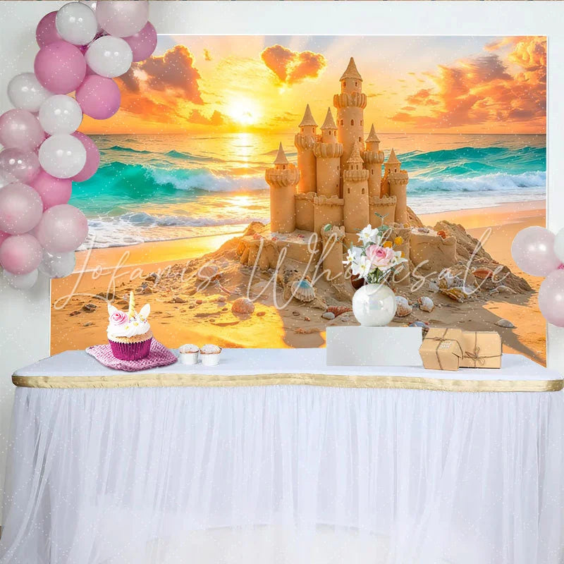 Lofaris Vibrant Sunset Sandcastle Beach Photography Backdrop Ocean Waves Summer Vacation Background for Studio Photoshoot