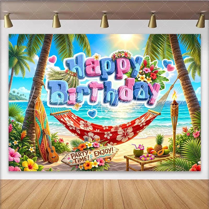 Lofaris Vibrant Tropical Beach Happy Birthday Backdrop with Palm Trees Summer Party Photography Background for Celebration