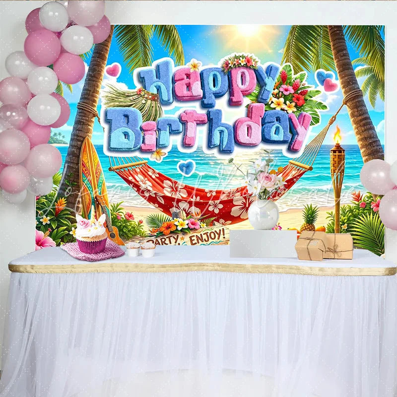 Lofaris Vibrant Tropical Beach Happy Birthday Backdrop with Palm Trees Summer Party Photography Background for Celebration