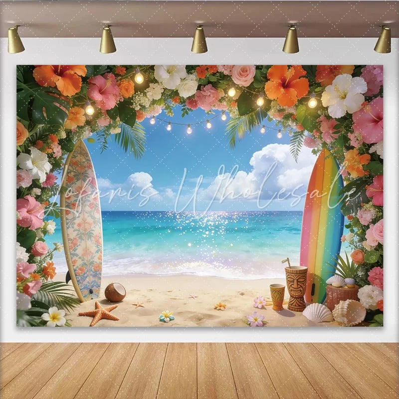 Lofaris Vibrant Tropical Beach Photography Backdrop with Floral Arch and Surfboards Sparkling Ocean Background for Summer Party Decoration
