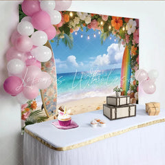 Lofaris Vibrant Tropical Beach Photography Backdrop with Floral Arch and Surfboards Sparkling Ocean Background for Summer Party Decoration