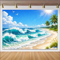 Lofaris Vibrant Tropical Beach Photography Backdrop with Ocean Waves and Palm Trees Sunny Seascape Background for Summer Photoshoot