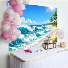 Lofaris Vibrant Tropical Beach Photography Backdrop with Ocean Waves and Palm Trees Sunny Seascape Background for Summer Photoshoot