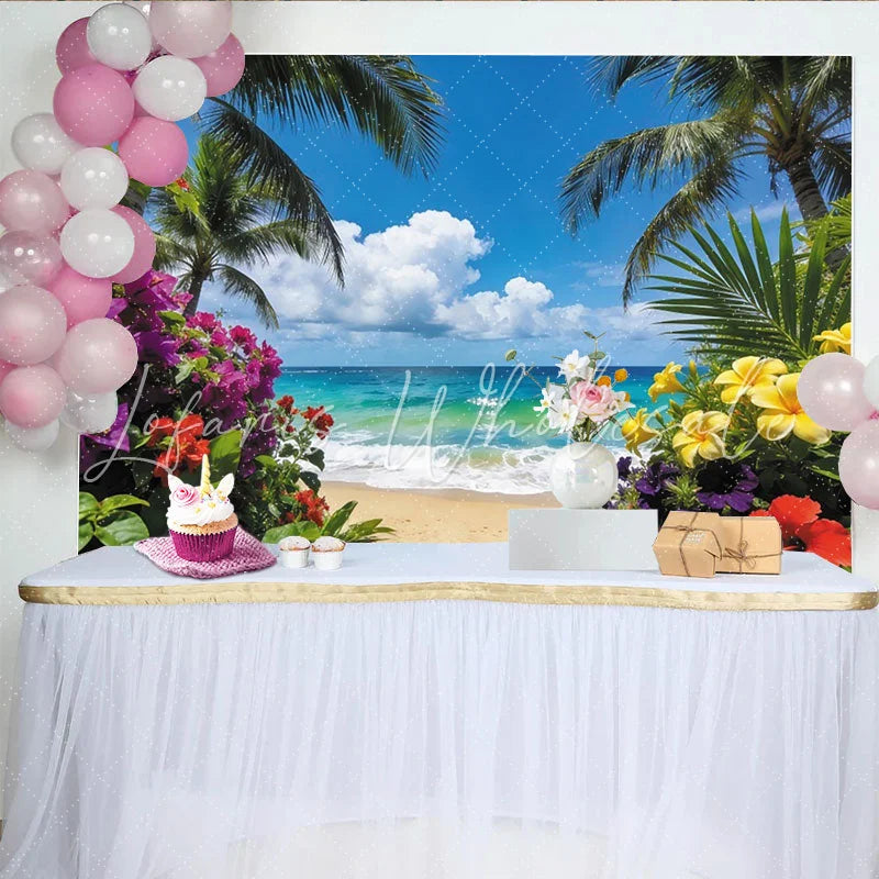 Lofaris Vibrant Tropical Beach Photography Backdrop with Palm Trees and Blue Ocean Beautiful Summer Background for Vacation Photoshoot
