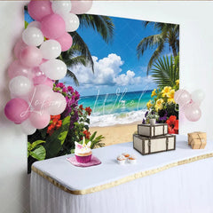 Lofaris Vibrant Tropical Beach Photography Backdrop with Palm Trees and Blue Ocean Beautiful Summer Background for Vacation Photoshoot