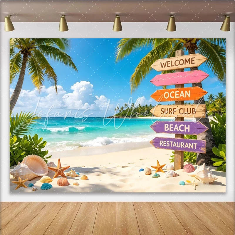 Lofaris Vibrant Tropical Beach Photography Backdrop with Palm Trees and Ocean Colorful Wooden Signpost and Seashells Summer Vacation