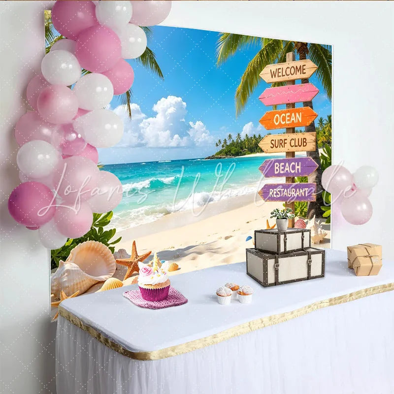 Lofaris Vibrant Tropical Beach Photography Backdrop with Palm Trees and Ocean Colorful Wooden Signpost and Seashells Summer Vacation