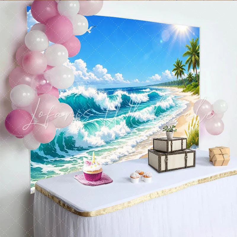 Lofaris Vibrant Tropical Beach Photography Backdrop with Palm Trees and Ocean Waves Sunny Seaside Background for Summer Vacation Photoshoot
