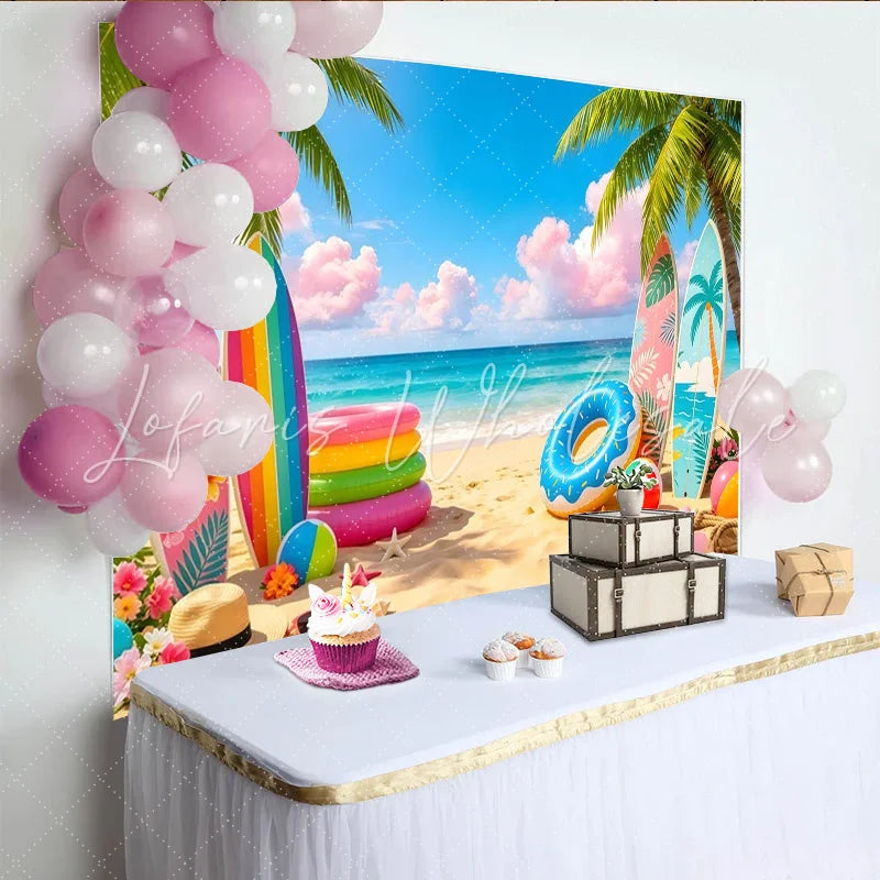 Lofaris Vibrant Tropical Beach Photography Backdrop with Palm Trees and Surfboards Colorful Summer Ocean Background for Vacation Party Decor