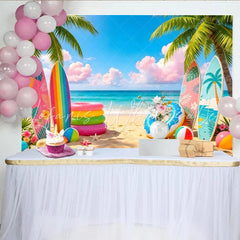 Lofaris Vibrant Tropical Beach Photography Backdrop with Palm Trees and Surfboards Colorful Summer Ocean Background for Vacation Party Decor