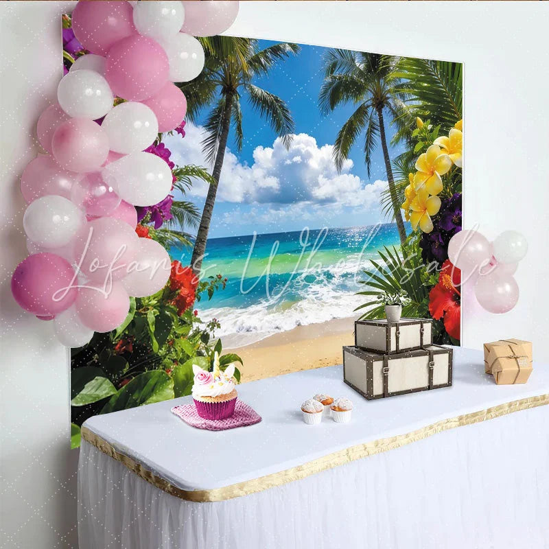 Lofaris Vibrant Tropical Beach Photography Backdrop with Palm Trees Colorful Blooms Stunning Ocean Scenery Background for Summer Photoshoots
